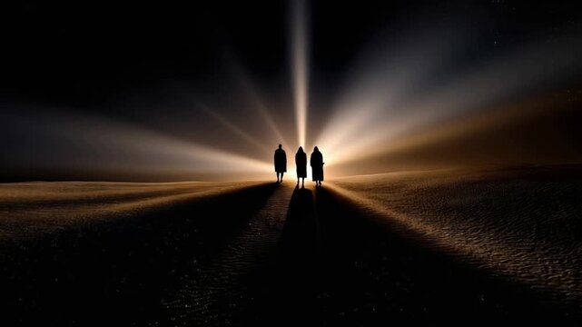 Three silhouettes stand against a dramatic, radiant light source, casting long shadows across a dark landscape. ..Created with Generative AI, not depicting real subjects.