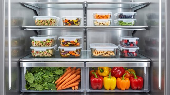Neatly Organized Refrigerator: A stainless steel refrigerator neatly stocked with clear containers of fresh fruits, vegetables, and prepared meals, showcasing organization and healthy eating.