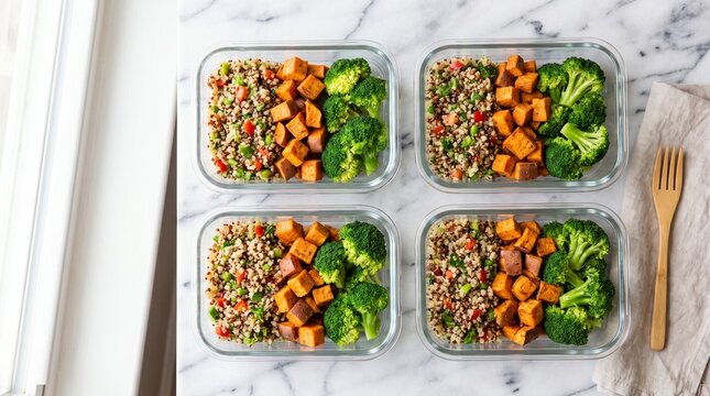 Meal Prep Perfection: Four transparent containers filled with a nutritious mix of grain, diced sweet potato, and broccoli florets, artfully arranged on a marble surface.
