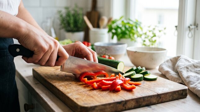 Preparing Fresh Vegetables for a Healthy Meal: A close-up shot captures hands skillfully chopping colorful bell peppers and cucumber on a wooden cutting board.