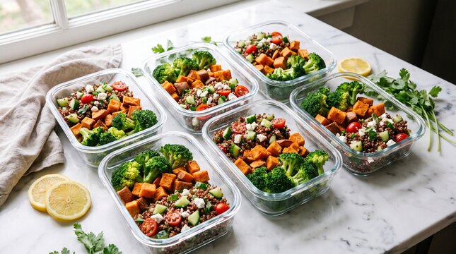 Meal Prep Harmony: Six individual containers filled with vibrant, healthy meals, showcasing a balanced mix of sweet potato, broccoli, and grains, ready for a week of nutritious eating.