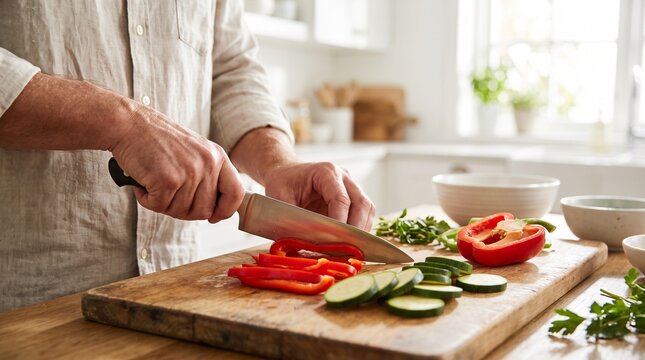Culinary Craft: Hands skillfully chop vibrant vegetables on a wooden cutting board in a brightly lit kitchen, preparing a healthy and delicious meal.