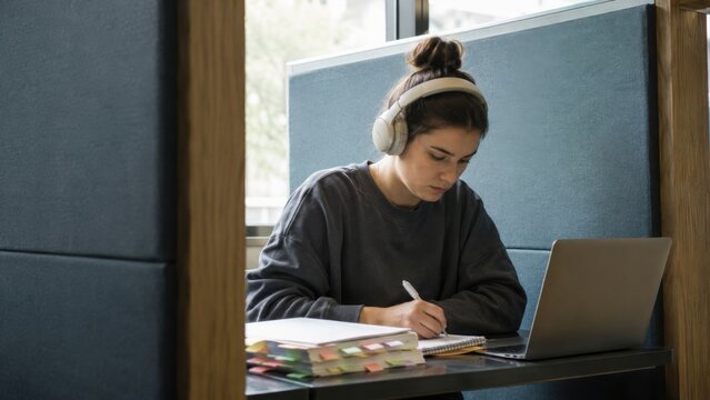 Young woman with headphones studying at a table in a modern workspace, laptop open, notebooks and colorful sticky notes arranged nearby