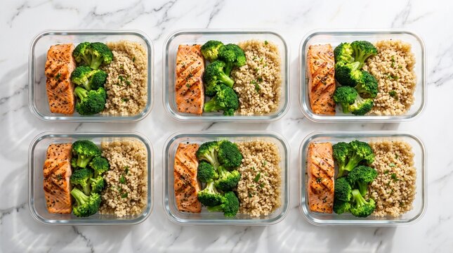 Meal Prep Salmon and Broccoli: Six glass containers filled with grilled salmon, steamed broccoli, and brown rice, neatly arranged for efficient weekly meal preparation.