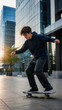 Male skateboarder performing a trick on a skateboard in an urban setting with modern glass buildings and trees in the background during sunset