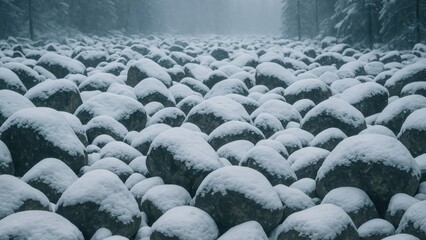 Obraz premium Snow-covered stones in forest desktop wallpaper