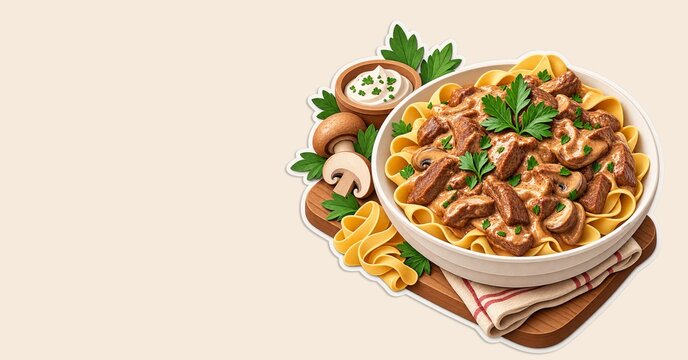Delicious beef stroganoff with mushrooms, creamy gravy, and egg noodles served in a bowl on a wooden board isolated on light background with copy space