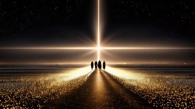 A group of silhouetted figures walk towards a brilliant, luminous cross-shaped light in a surreal. ..Created with Generative AI, not depicting real subjects.