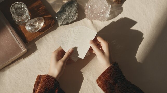 Mystical tarot reading setup with crystals and cards on sunlit cloth table