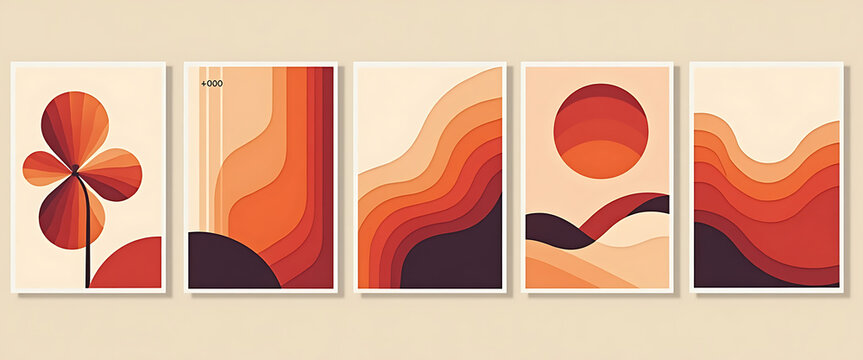 Set of five modern abstract posters with warm orange and red layered organic shapes and clover motif for vintage decor and graphic design.