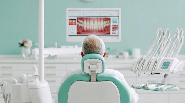 Dentist analyzing digital dental x-ray on modern clinic screen display