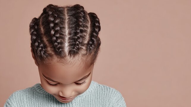 Portrait of a child with braided hair on a soft beige background