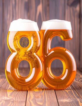 Beer Typography &mdash; Number 86 with Bubbles and Foam on Wooden Background