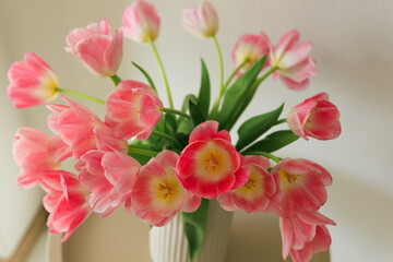 Obraz premium Tulips arranged in a vase with pink and white blooms captured in a bright indoor setting
