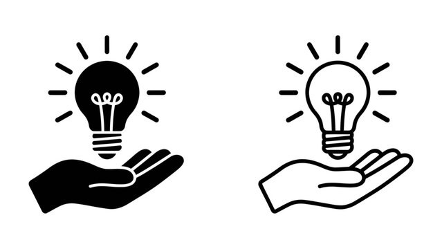 Idea bulb on hand: Silhouette and outline graphic of a hand holding a glowing lightbulb, symbolizing innovation and a bright idea.