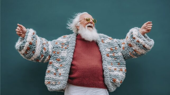 Joyful elderly man in colorful knitwear enjoying freedom against teal background