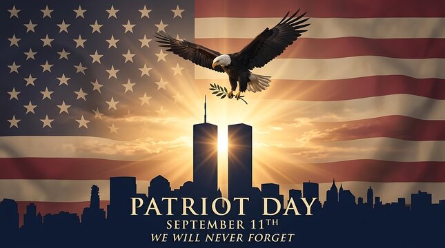 Patriot Day memorial honoring September 11th attacks with american flag, twin towers and eagle holding olive branch, remembrance and patriotism.