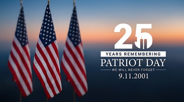 25 years remembering Patriot Day September 11th 2001 with three american flags waving against a twilight sky.