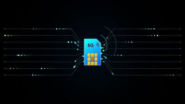 Conceptual 5G SIM card with glowing data transmission lines emitting digital network signals in a futuristic dark technological environment motion graphics