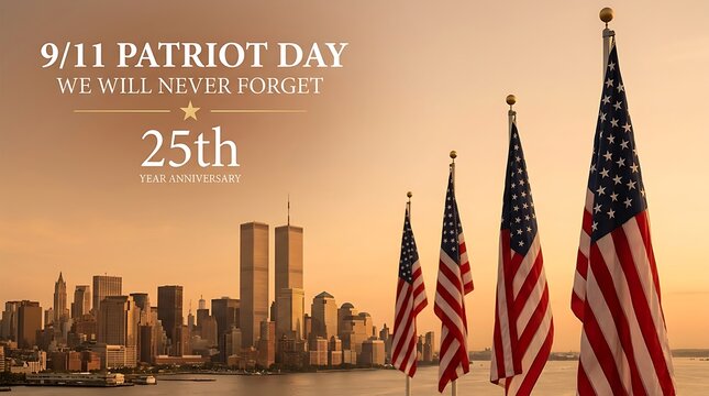 9/11 Patriot Day 25th year anniversary remembrance with city skyline, twin towers, american flags and warm sunset glow.