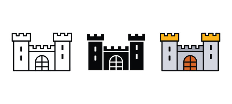 Castle Icon Collection: A set of three distinct castle icons, featuring crenellated towers and fortified gates, rendered in outline, solid black, and colored styles.