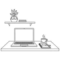 Fototapeta premium Workplace desk outline showing modern laptop coffee cup notebook and wall shelf with plant.