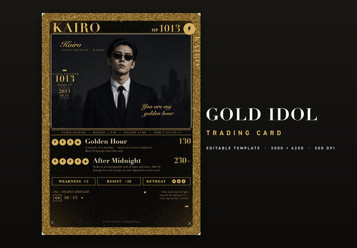 Gold Idol Trading Card Template - Black and Gold Luxury Photo Card, Editable Text