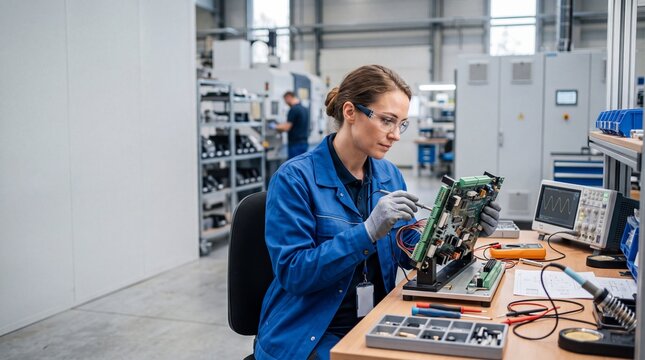 Woman technician testing circuit board with electronic instruments in workshop