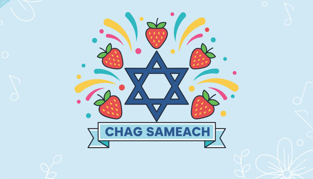 Festive Chag Sameach holiday greeting card with a central blue Star of David decorated with juicy red strawberries.