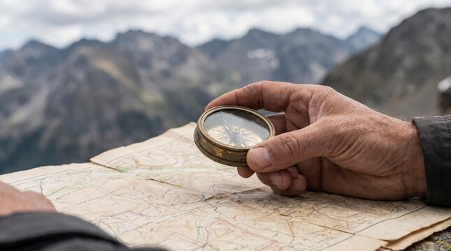 Weathered hiker checking vintage compass over topographic map on mountain summit