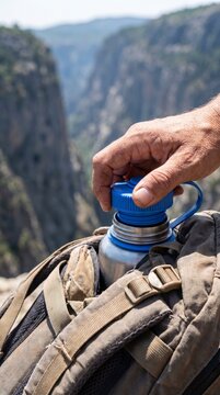 Weathered hand opening water bottle strapped to backpack above deep canyon