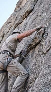 Determined climber gripping granite rock face during challenging outdoor ascent