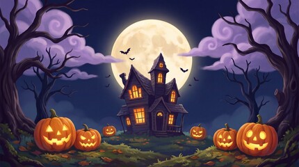 Fototapeta premium Old victorian haunted mansion surrounded by glowing pumpkins and gnarly trees under bright moonlight.