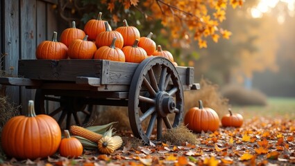 Obraz premium Harvested pumpkins stacked in a wooden cart with a wheel, surrounded by autumn leaves and decorative corn in a rustic outdoor setting
