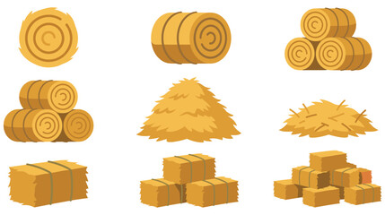 Round and square hay bales and loose hay piles for agricultural themes. © SELINA