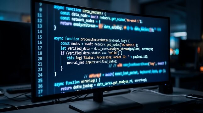 Computer monitor displaying software source code in a dark office environment.