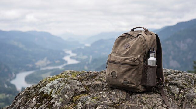 Weathered canvas backpack and water bottle resting on rock above mountain valley