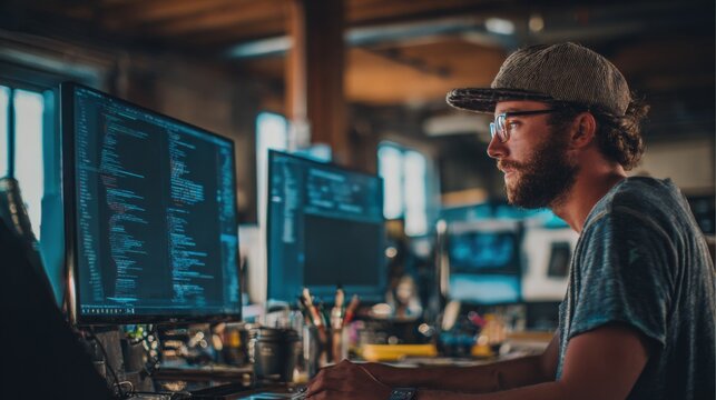Programmer wearing a cap and glasses concentrates intensely on writing code displayed on multiple computer monitors in his workspace.