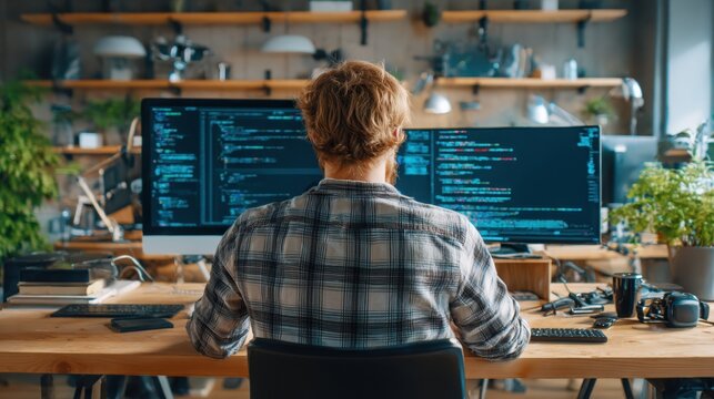 Man sitting at a wooden desk works on computer programming with dual monitors displaying lines of code in a cozy home office.