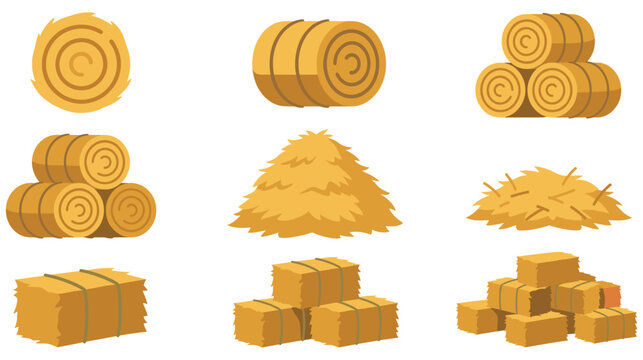 Round and square hay bales and loose hay piles for agricultural themes.
