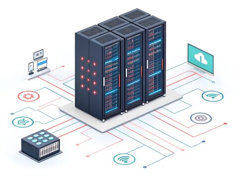 Server racks connected with digital network lines and icons during data transfer concept