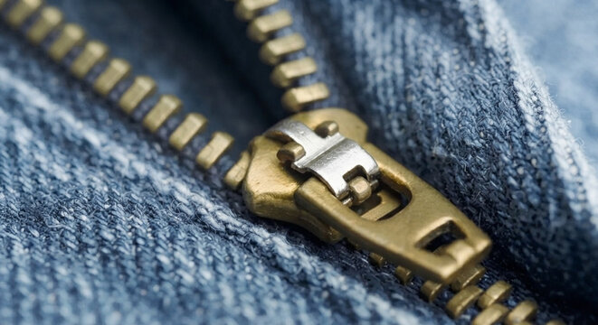 Detaillierte Makro Nahaufnahme eines Messing Rei&szlig;verschlusses auf blauem Denim Stoff