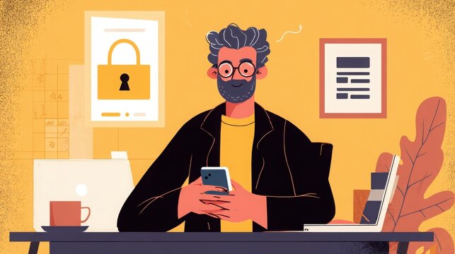 Businessman with glasses and a beard sits at his office desk using a smartphone next to a laptop and a secure padlock poster.