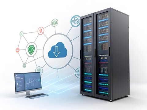 Server racks with cloud data flow diagram and monitor representing digital infrastructure and cybersecurity