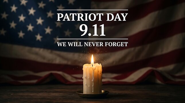 Patriot day remembrance with burning candle and american flag background for 9/11 memorial services and solemn occasions.
