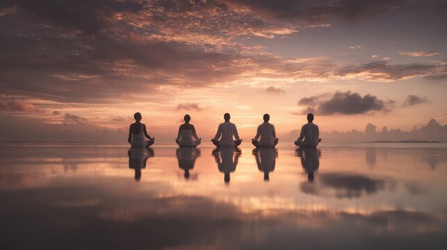 Meditation practitioners sit in a row during sunset, their silhouettes reflecting perfectly on the calm water surface under a dramatic sky.