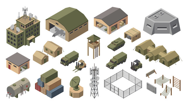 Isometric military base assets collection for strategic gaming.