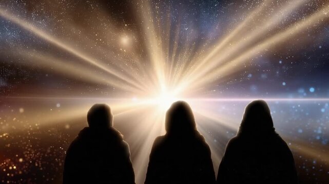 Three silhouetted figures stand gazing at a brilliant burst of light emanating from a cosmic spectacle. ..Created with Generative AI, not depicting real subjects.