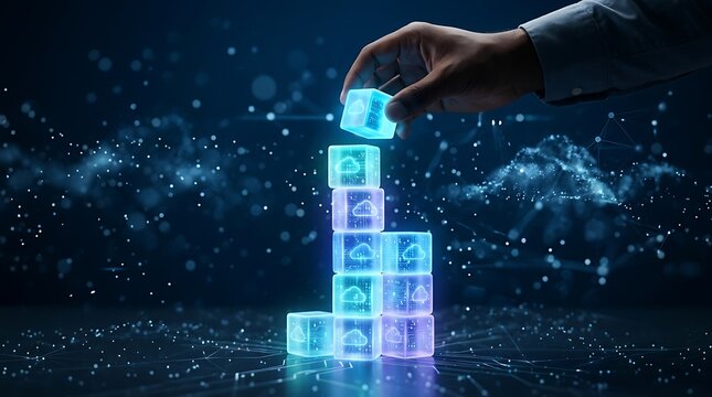 Hand stacking glowing digital data cubes for cloud computing and information management