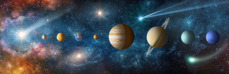 Solar system with the planets, cosmic dust, nebulae, stars, galaxy, Earth and comets arranged in a scientific space panorama.  Elements of this image furnished by NASA. © Tryfonov